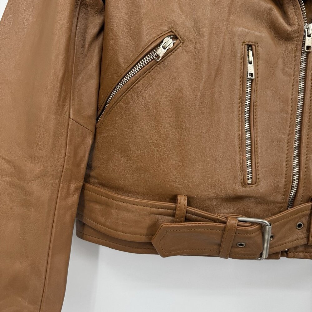 Quince Women's Cognac Leather Motorcycle Jacket size XS Sheep Leather Belted - Picture 6 of 16